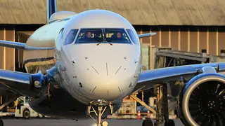 Front view of an airliner on the runway, Belo Horizonte, Brazil