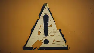 Triangular warning sign on a yellow wall